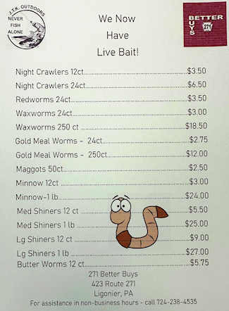 Live bait and fishing supplies available at 271 Better Buys near Ligonier, PA.